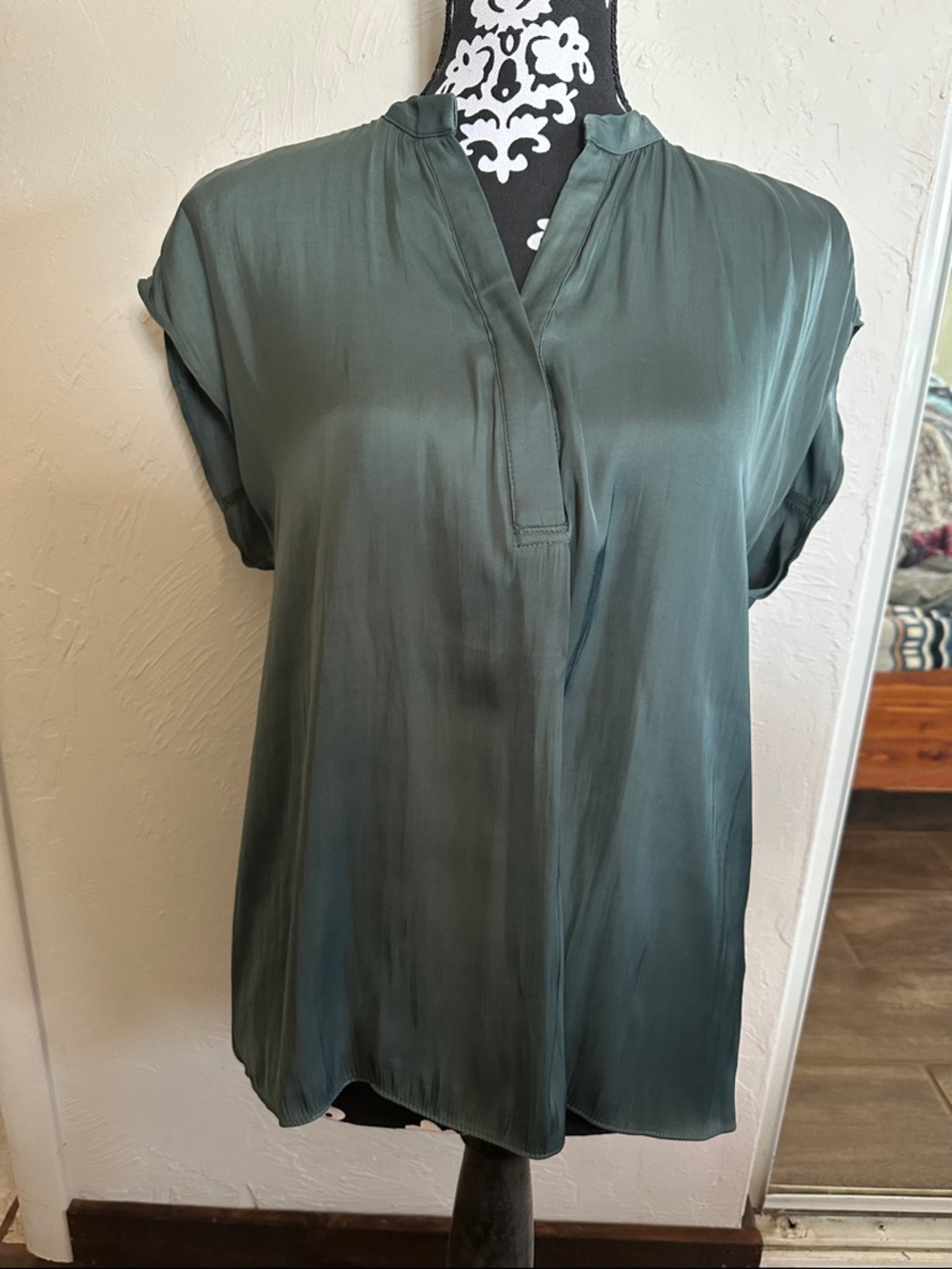 Classic Women's Split-Neck Blouse in Olive Green satin size Small